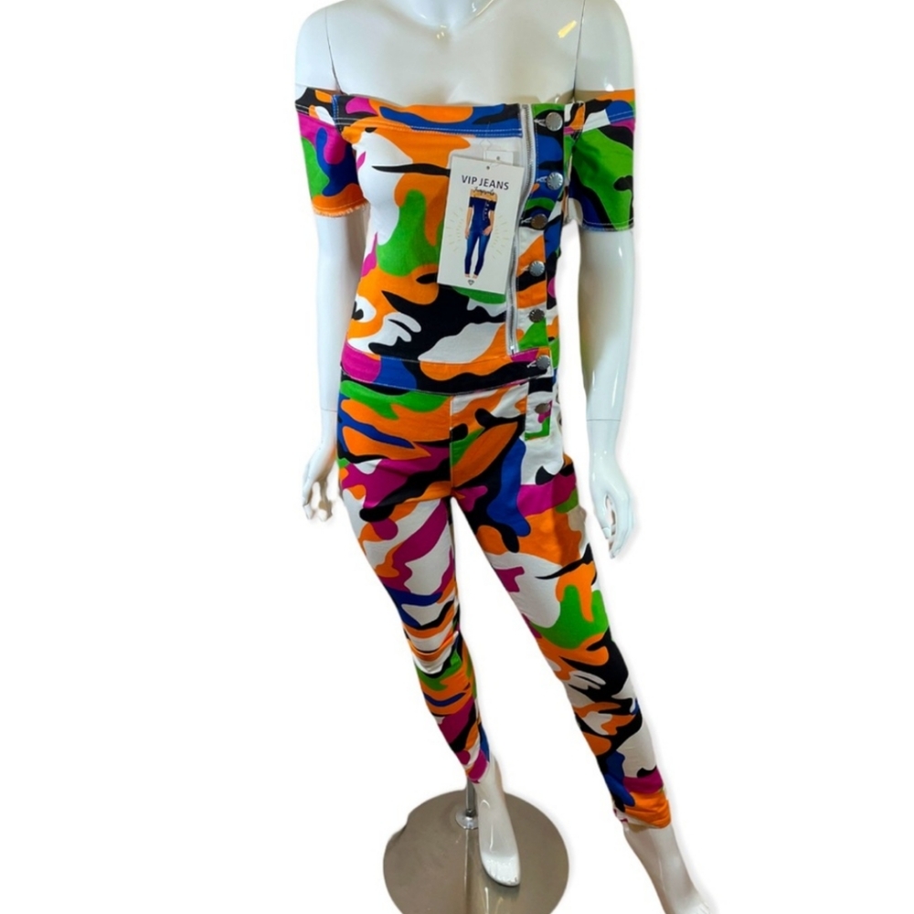 VIP Jeans Colorful Camo Jumpsuit NWT
